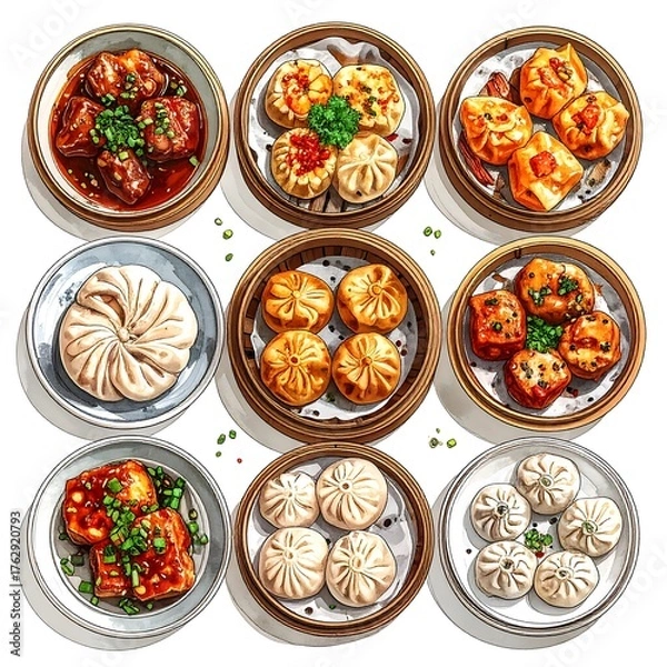 Fototapeta Assorted colorful illustrations of Asian dim sum dishes arranged aesthetically