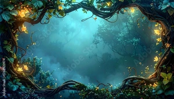 Fototapeta Atmospheric forest scene framed by intricately woven vines and foliage