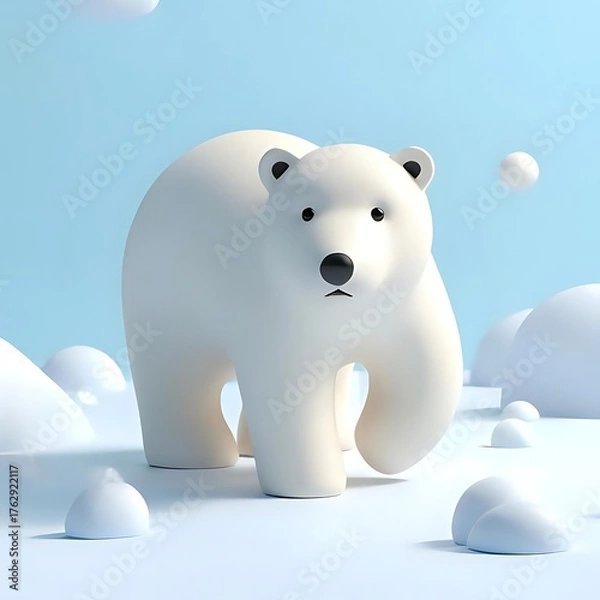 Fototapeta Cute polar bear walking on snow in a minimalist winter scene with blue background
