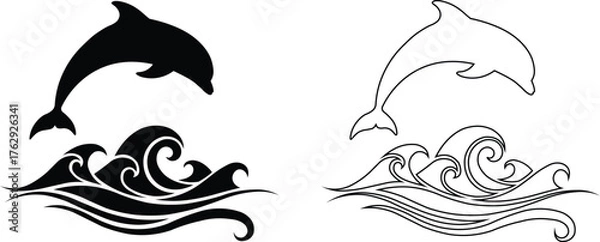 Fototapeta Vector art of black and white outline and silhoutte of a dolphin jumping out of the ocean waves