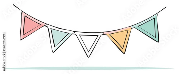 Fototapeta Hand-drawn colorful triangular bunting flags strung on a cord, festive decoration, celebration.