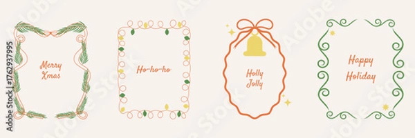 Fototapeta A set of hand drawn vintage Christmas frames. These festive frames feature fir branches, garlands, ribbons, and a bell. A decorative frame for cards and invitations.