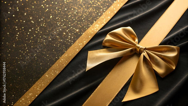 Obraz A golden bow or ribbon on a black background is a classic celebration decoration for a holiday gift or present box, Gold ribbon bow on black background, The Luxury of Gifting