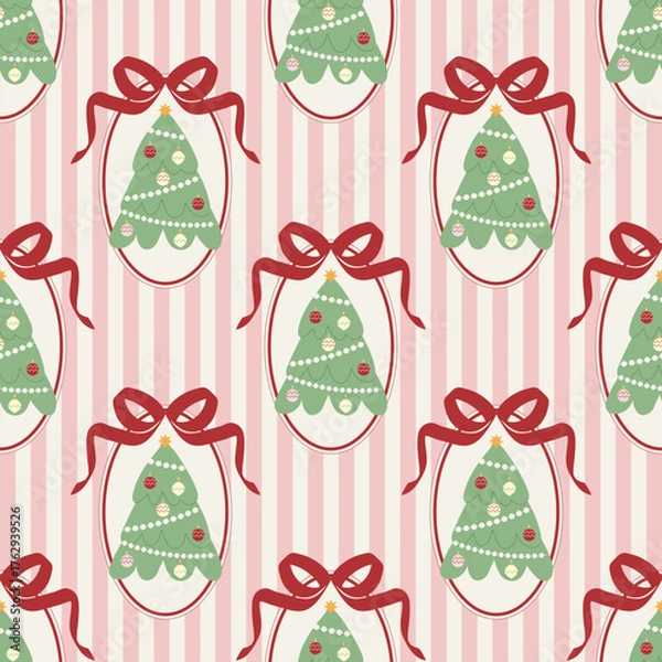 Fototapeta Vintage seamless pattern with decorative frames, bows, and Christmas trees. Trendy Christmas background. Embellishment for fabric and wrapping paper. Vector illustration.