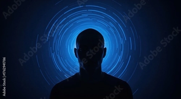 Fototapeta Mind's Eye: Silhouetted against a vibrant, swirling vortex of ethereal energy, a person stands immersed in a world of ideas. This image conveys the boundless potential within the human mind.