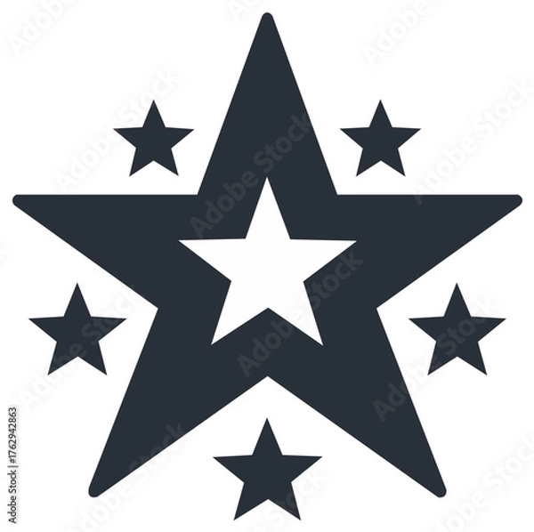 Fototapeta Dark gray star emblem with central white star and five orbiting stars