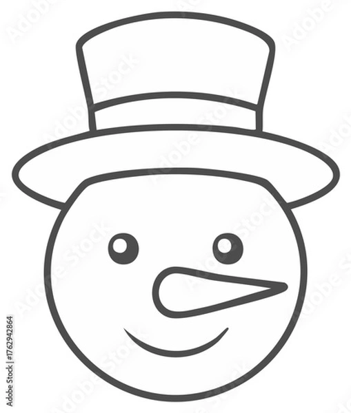 Fototapeta Simple Line Drawing Snowman Face with Top Hat and Carrot Nose