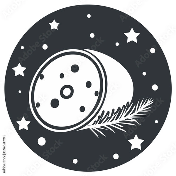 Fototapeta Stylized Christmas moon with pine branch and stars in a minimalist circular icon.