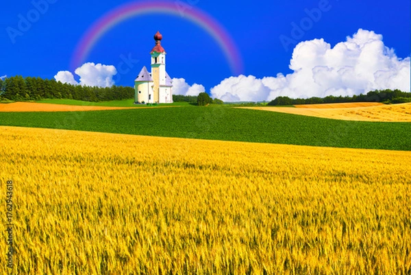 Obraz ボヘミア地方の美しい菜の花畑と教会合成