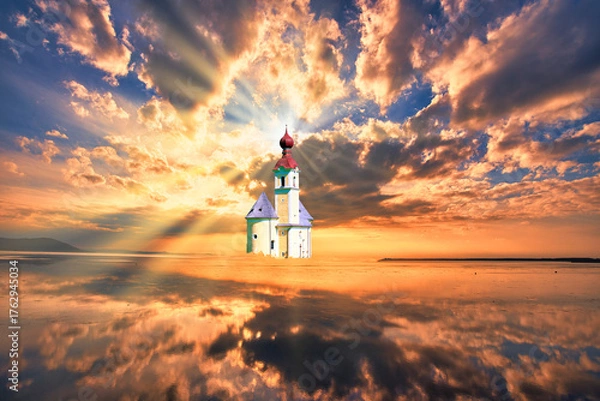 Obraz 北海道の雲海とヨーロッパ風教会合成写真