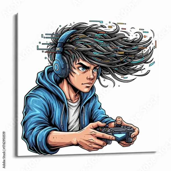 Obraz Cartoon gamer with headphones and controller in a blue hoodie with digital hair art style
