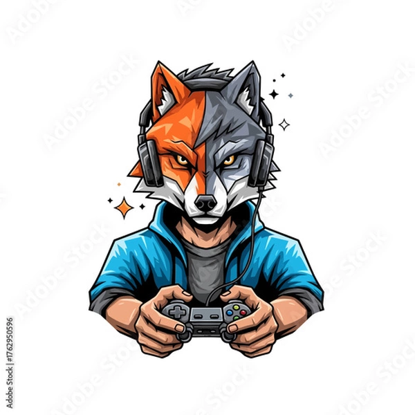 Obraz Cartoon fox with headphones playing video games with controller on a white background isolated