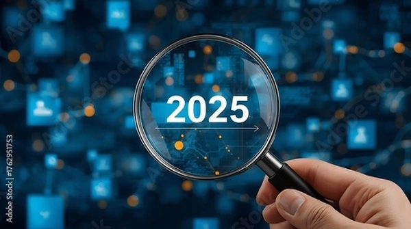 Fototapeta Trends 2025 year concept. Hand holding magnifying glass with 2025 trend searching Website bar. For optimization 2025 business marketing trends and business plan in new year.