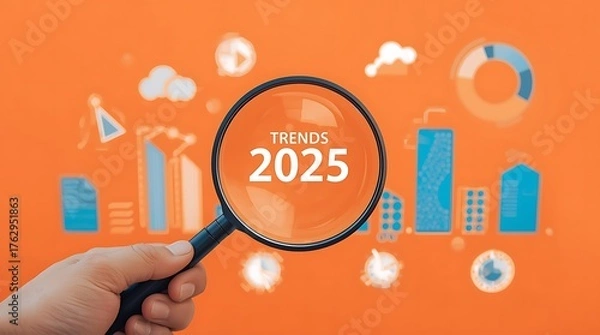 Fototapeta Trends 2025 year concept. Hand holding magnifying glass with 2025 trend searching Website bar. For optimization 2025 business marketing trends and business plan in new year.