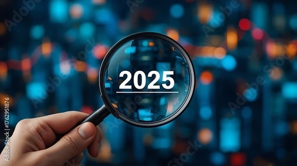 Fototapeta Trends 2025 year concept. Hand holding magnifying glass with 2025 trend searching Website bar. For optimization 2025 business marketing trends and business plan in new year.