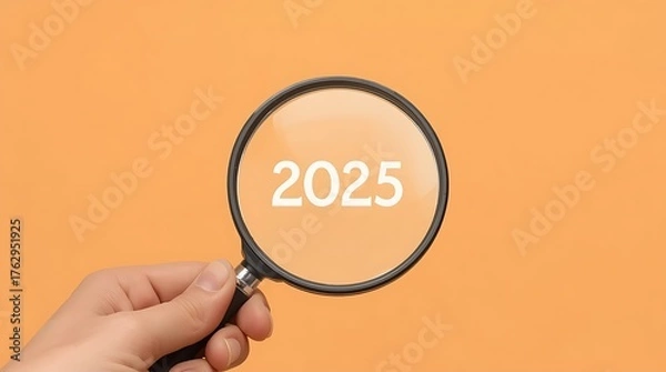 Fototapeta Trends 2025 year concept. Hand holding magnifying glass with 2025 trend searching Website bar. For optimization 2025 business marketing trends and business plan in new year.