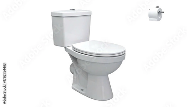 Obraz Isolated white porcelain toilet and hanging toilet paper roll against a black background, viewed from a side angle