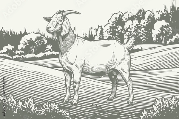 Fototapeta lineart illustration of a goat in an engraved style