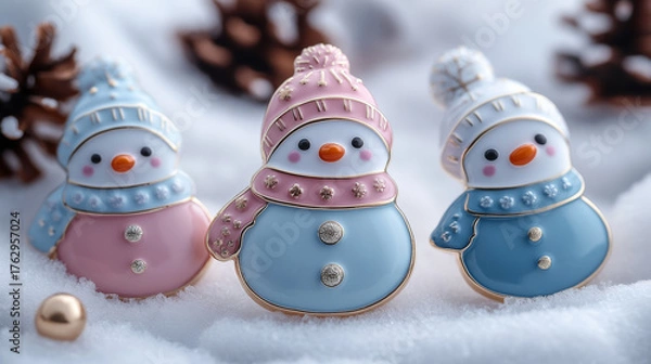 Obraz Cute Snowmen on white snow