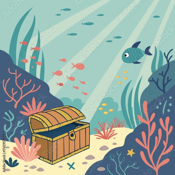 Obraz Underwater Treasure Chest Scene with Fish and Coral Reef