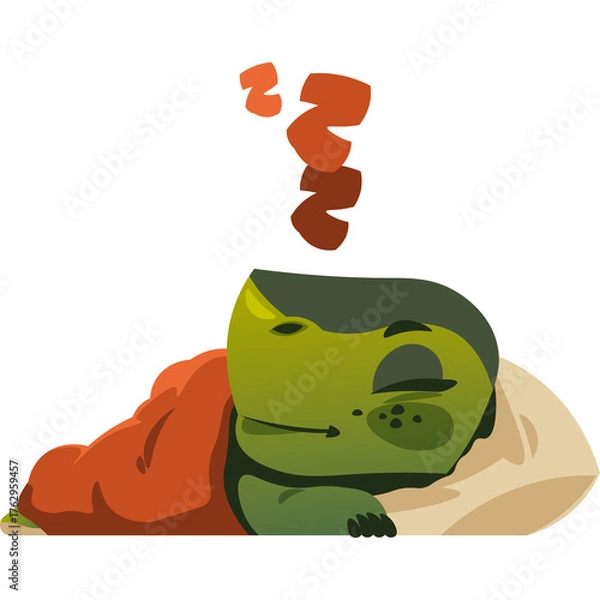 Fototapeta Green cartoon turtle sleeping peacefully under an orange blanket on a light beige pillow with Zzz symbols floating above in orange color on a white background