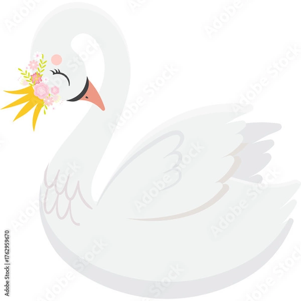 Obraz Graceful White Swan Wearing a Golden Crown and Delicate Pink Flowers Elegant Bird Symbolizing Beauty Purity and Royalty in a Transparent Background