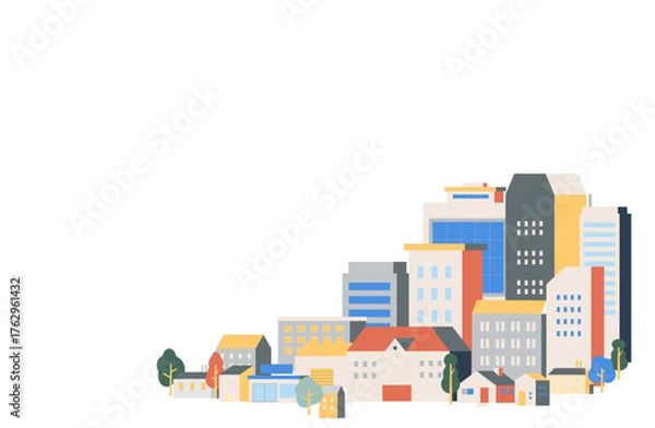 Obraz ビルが立ち並ぶカラフルな都会の街並みのフラットイラスト