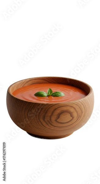 Obraz Creamy Tomato Soup In Wooden Bowl With Basil Leaf