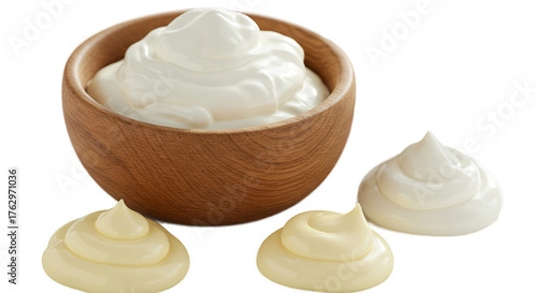 Obraz Creamy Whipped Cream Dessert Sauce With Wooden Bowl Isolated Realistic Photo
