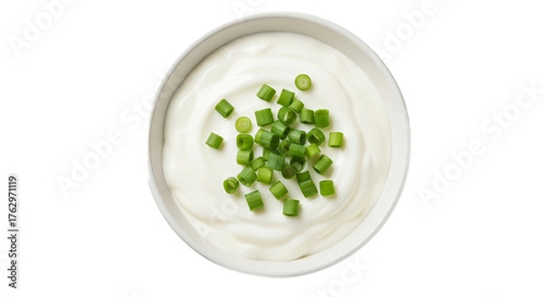 Obraz Creamy White Sour Cream Topped With Fresh Green Scallions Isolated On White