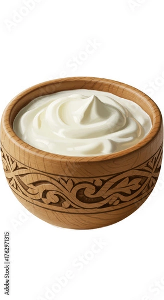 Obraz Creamy White Yogurt In Rustic Carved Wooden Bowl Neutral Background Realistic Photo