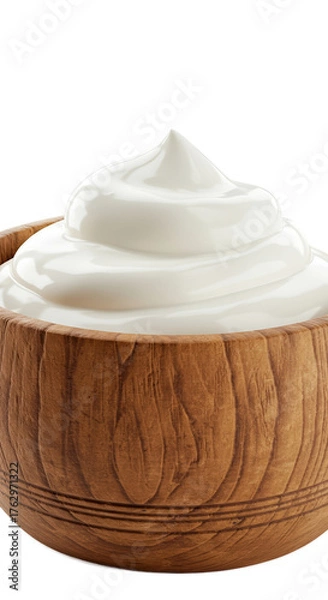 Obraz Creamy White Yogurt Swirl in Wooden Bowl Realistic Photo Isolated