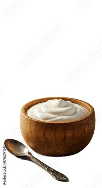 Obraz Creamy White Yogurt In Rustic Bowl With Spoon Soft Brown Background