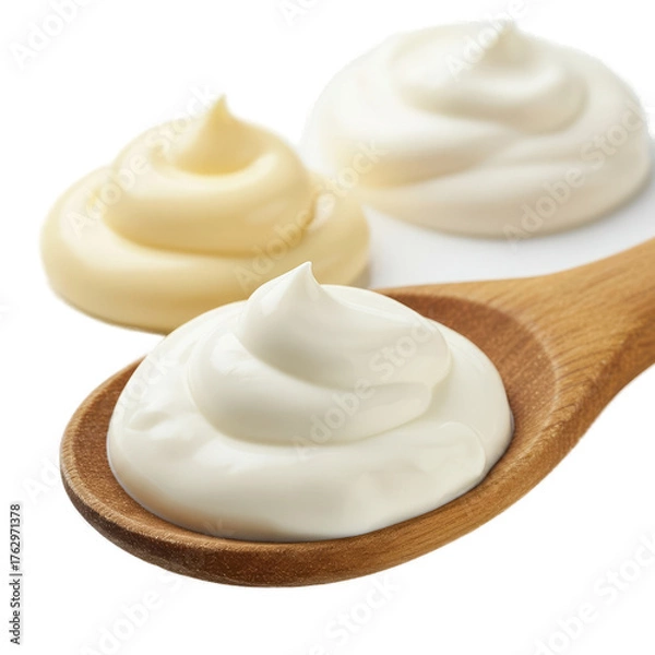 Obraz Creamy Yogurt and Mayonnaise Swirls on Wooden Spoon