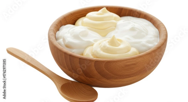 Obraz Creamy Yogurt and Mayonnaise Swirls in Wooden Bowl With Spoon