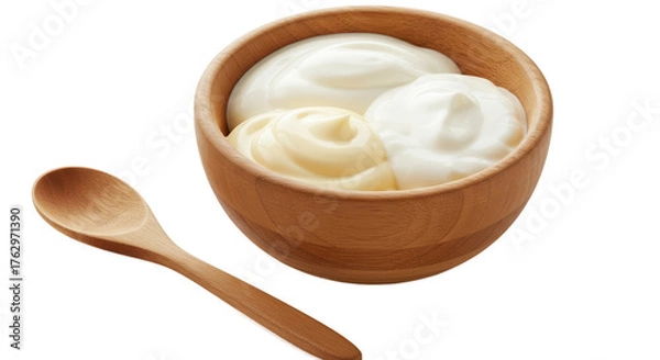 Obraz Creamy Yogurt and Mayonnaise Swirls in Wooden Bowl with Spoon