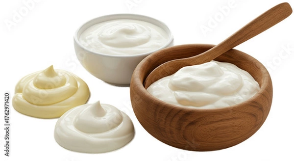 Obraz Creamy Yogurt And Mayonnaise Swirls In Bowls Isolated White Background