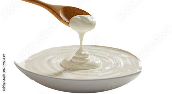 Obraz Creamy Yogurt Pouring From Spoon Into White Bowl With Soft Light