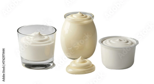 Obraz Creamy Yogurt In Glass Jar And Bowl Soft White Background