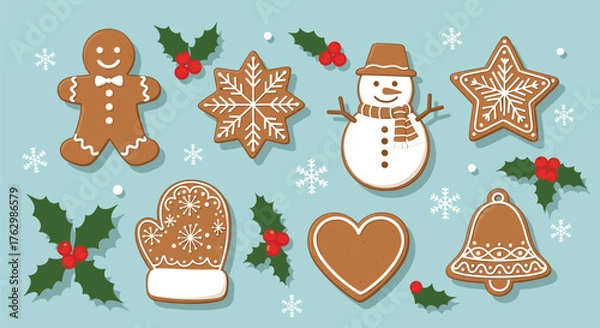 Fototapeta Festive Gingerbread Cookies and Holly Berries Christmas Collection.