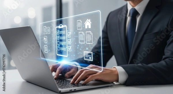 Fototapeta Futuristic Businessman Using Laptop with Digital Checklist Interface