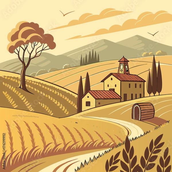 Fototapeta Tuscan Countryside Landscape: Golden Wheat Fields and Rolling Hills
