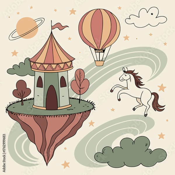 Fototapeta Whimsical Unicorn and Floating Castle Illustration