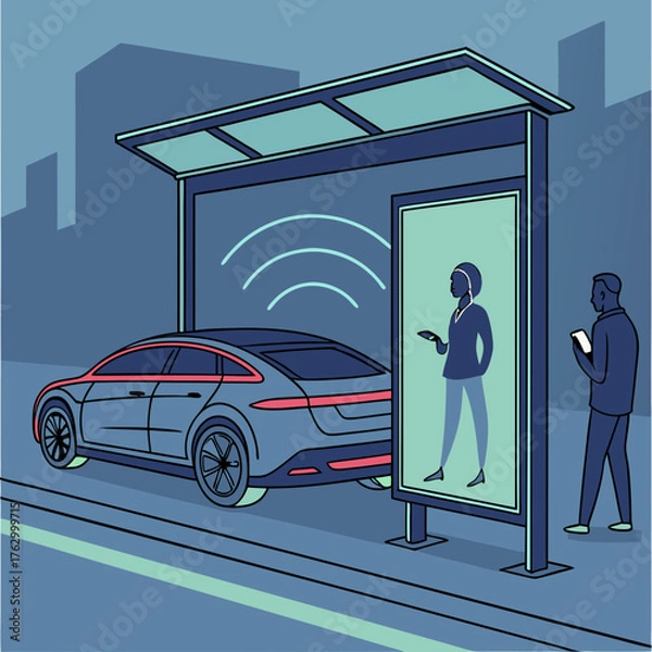 Fototapeta Woman at a Smart Bus Stop with Electric Vehicle