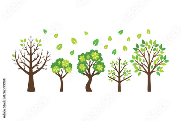 Fototapeta Nature's Embrace: A vibrant scene showcases a diverse collection of trees, each standing tall with lush green foliage, while scattered leaves dance freely in the air.