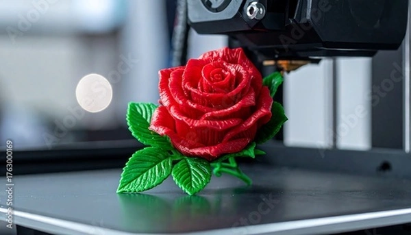 Obraz A close-up shows a 3D-printed red rose with green leaves and the printer