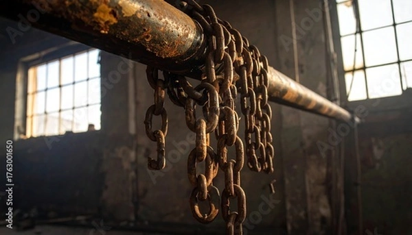 Fototapeta A rusted chain hangs from a pipe in a dilapidated industrial space