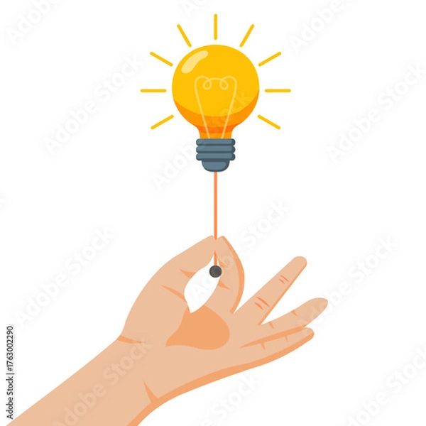 Obraz Flat Vector Illustration Hand Turning On Light Bulb
