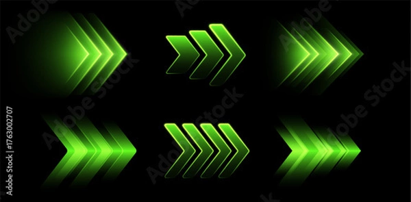 Obraz Glowing green arrows, dynamic glowing pointers, fast motion. Movement, boost or action concept. Vector illustration.