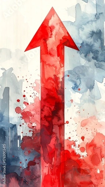 Fototapeta Abstract watercolor with red arrow pointing upwards, surrounded by color splatters